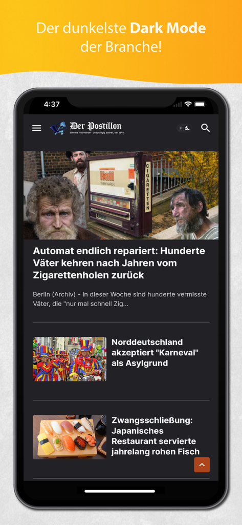 The Postillon satirical news app interface shown in dark mode with humorous headlines.