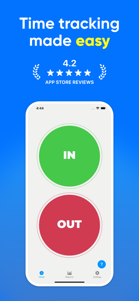 Toolr: Work time clock tracker - Benutzeroberfläche der mobilen Toolr-App mit einfachen grünen START- und roten STOPP-Schaltflächen zur einfachen Arbeitszeiterfassung