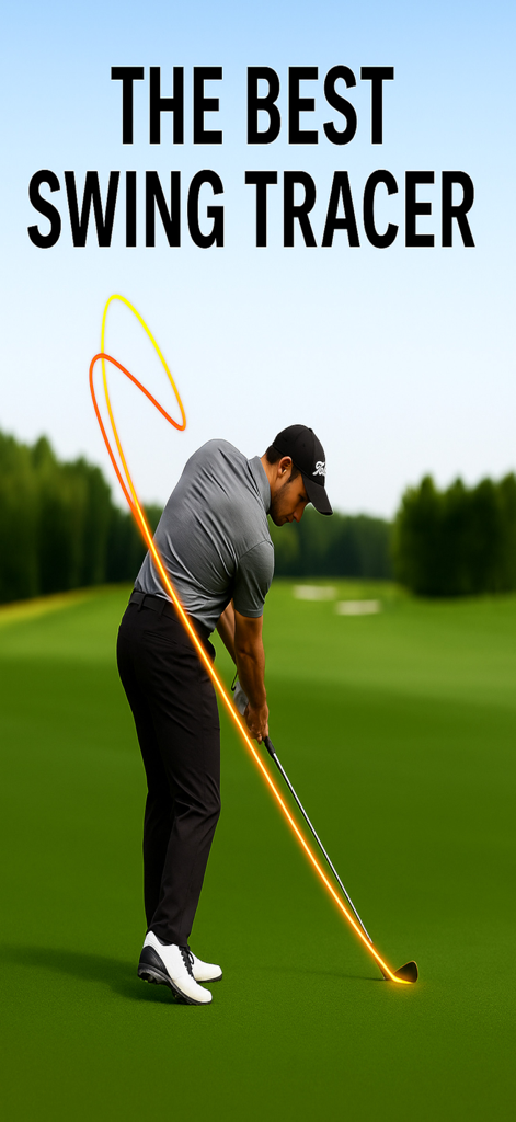Golf Swing Analysis Pro - 빛나는 AI 스윙 트레이서 라인이 있는 골프 잔디밭에 있는 골퍼