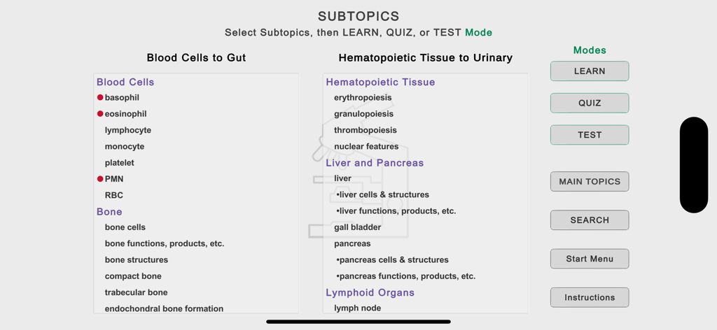 Histo! - Unterthemen-Auswahlbildschirm in der Histo-App mit Kategorien wie Blutzellen und Knochen sowie Lernmodi