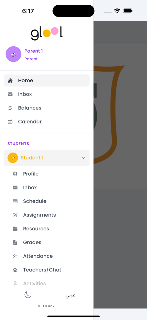 O menu de navegação lateral do aplicativo GOPS para pais e alunos, exibindo opções para notas, tarefas e comunicação escolar.