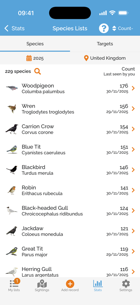 BirdTrack - BirdTrack mobile app displaying a list of bird species sightings with total counts and dates