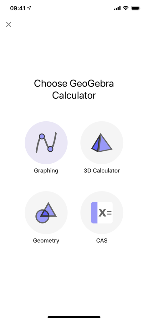 Main selection screen for Graphing 3D Calculator Geometry and CAS modules