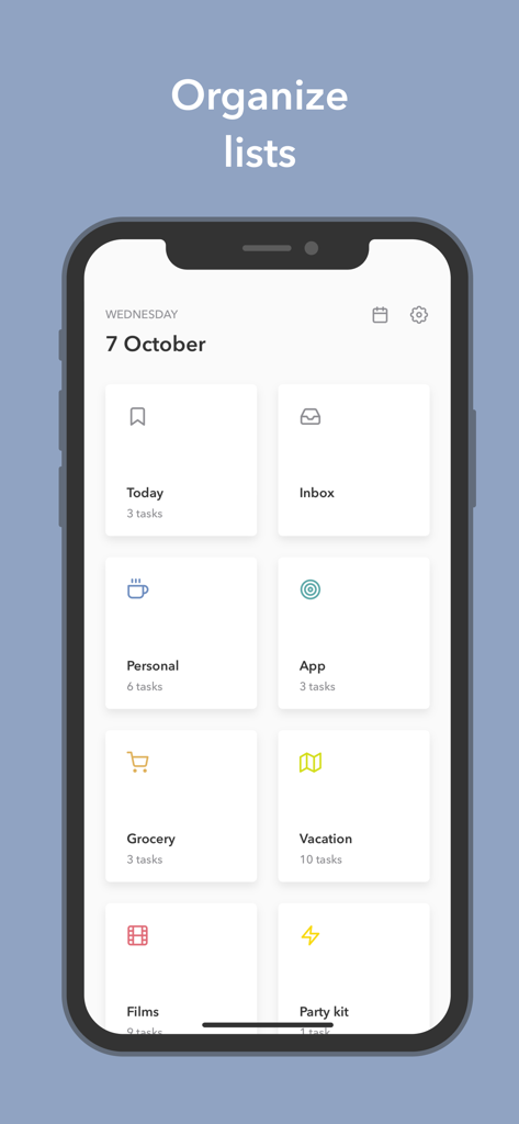 Mindlist — To Do List & Tasks - Minimalist app interface showing a grid of organized task lists with colorful icons for personal grocery and vacation categories