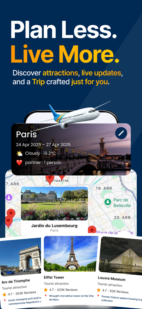 Triposo - Vacation Planner - Triposo app interface showing a personalized Paris trip plan with an interactive map and popular tourist attractions