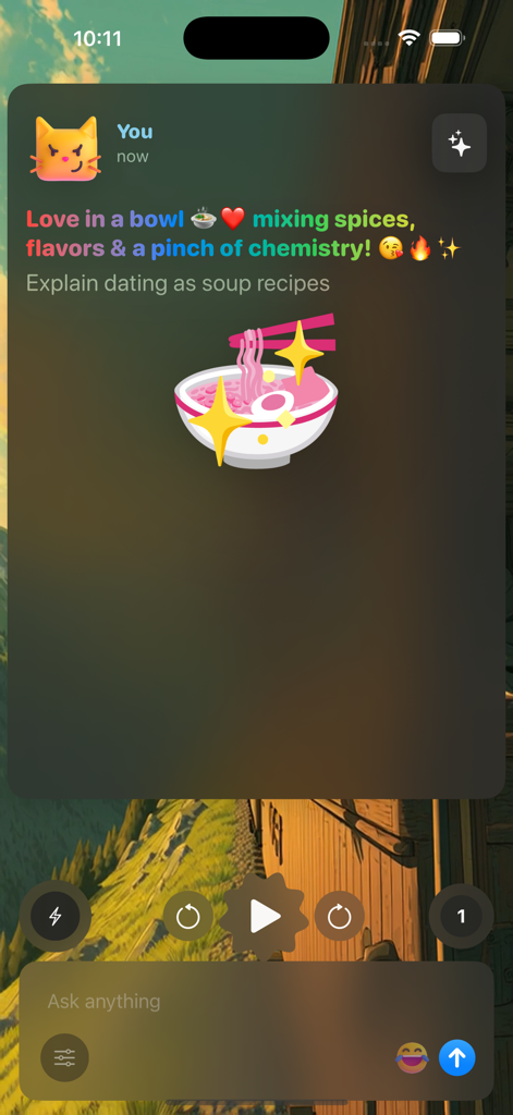 A screenshot of ChatBae AI app showing a creative response to the prompt explain dating as soup recipes featuring a colorful ramen bowl illustration.