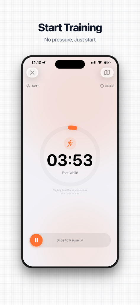 TempoWalk: Interval Walking - TempoWalk app interface showing a fast walk interval workout timer