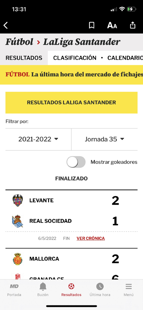 Mundo Deportivo app interface displaying Spanish La Liga soccer match results and scores