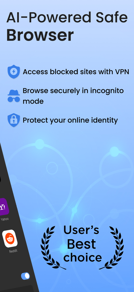 Private Browser,Incognito VPN - Werbebild für einen KI-gestützten sicheren Browser mit VPN- und Inkognito-Modus-Funktionen.