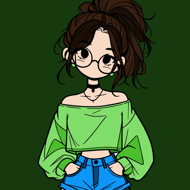 girl with a messy ponytail glasses a baggy crop top and jean shorts