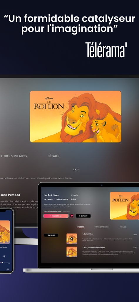 Sybel - Audio series, Podcasts - Sybel app interface displaying The Lion King audio story on laptop and mobile devices