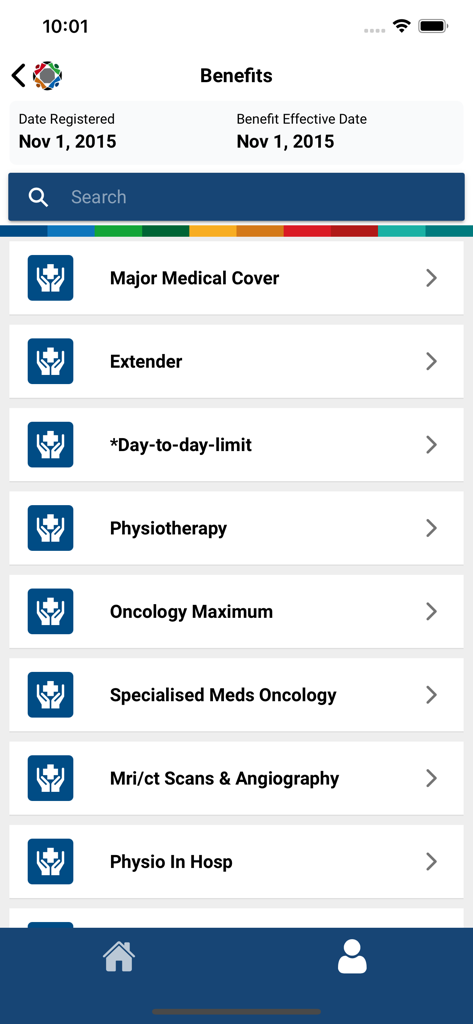 GEMS Member app interface showing medical benefits categories like major medical cover and physiotherapy