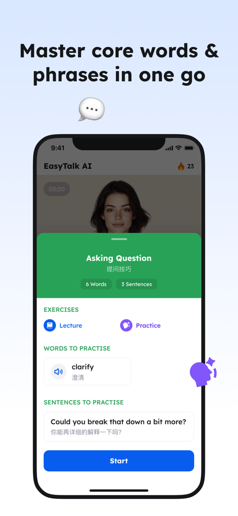 Uma interface de aplicativo móvel do English Learning Easy Speak mostrando palavras essenciais e frases de negócios para prática de comunicação profissional.