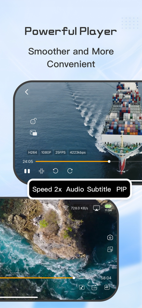 DS Cloud-Video Library&Player - Interface of DS Cloud video player showing high-definition playback with technical data and multitasking controls.