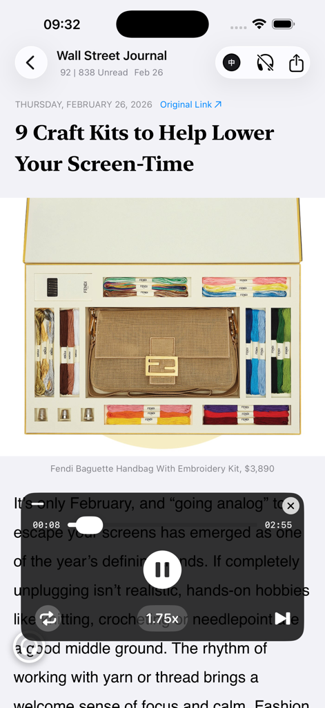 A Wall Street Journal article titled 9 Craft Kits to Help Lower Your Screen-Time displayed within the ONews app interface.