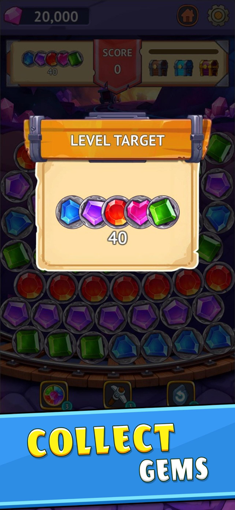 Sparkle Mine - Sparkle Mine puzzle game screen showing the level target objective to collect forty colorful crystals.