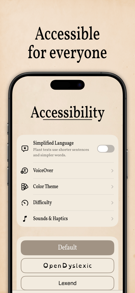 Art of Flora: Cozy Puzzles - Menú de configuración de accesibilidad en la aplicación Art of Flora que muestra opciones para lenguaje simplificado y fuentes amigables para dislexia.