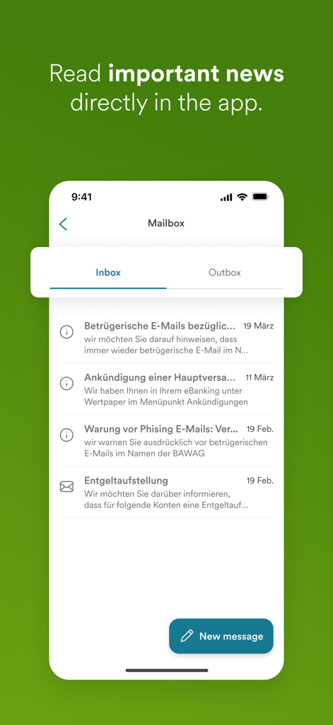 Oberfläche der easybank App-Mailbox, die Posteingangsnachrichten und Sicherheitswarnungen anzeigt.