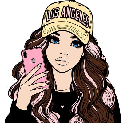 realistic beautiful girl wearing los ángeles cap holding an iphone