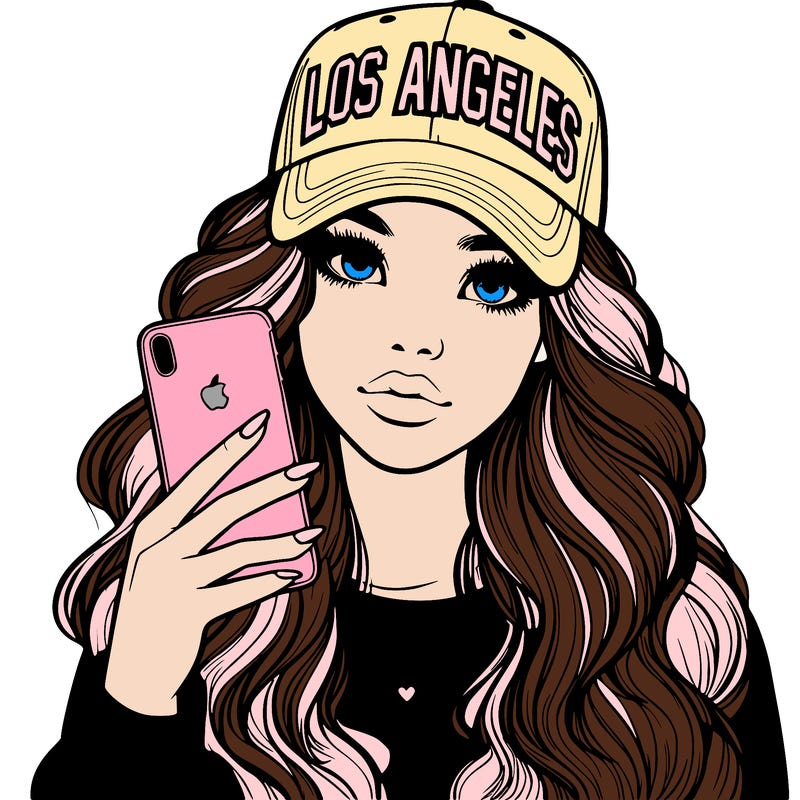 realistic beautiful girl wearing los ángeles cap holding an iphone