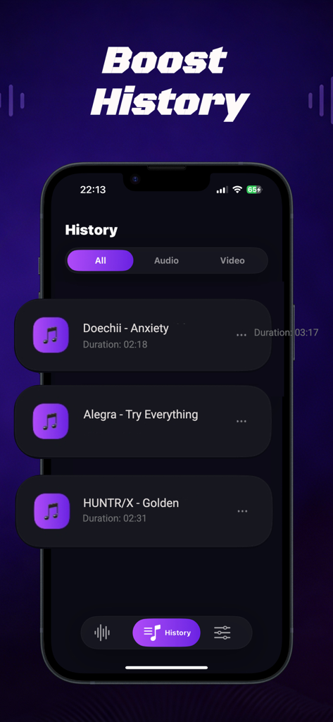 Louder Volume Booster: Amplify - Boost history screen showing a list of amplified audio and video files