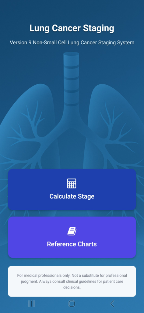 Menú principal de la aplicación Estadificación del Cáncer de Pulmón v9 que muestra botones para calcular el estadío del cáncer y ver gráficos de referencia