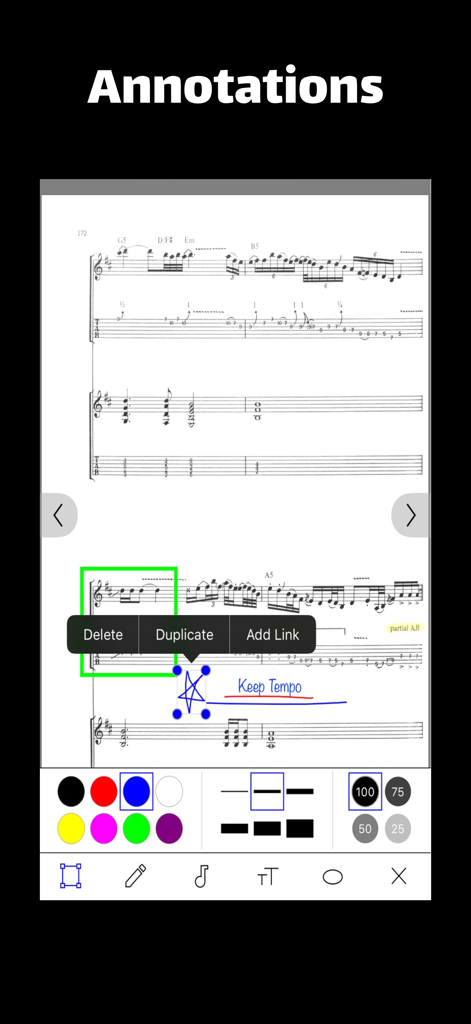 Eine digitale Notenoberfläche, die verschiedene Anmerkungswerkzeuge wie Stifte, Formen und Text zur Beschriftung einer Musikpartitur zeigt
