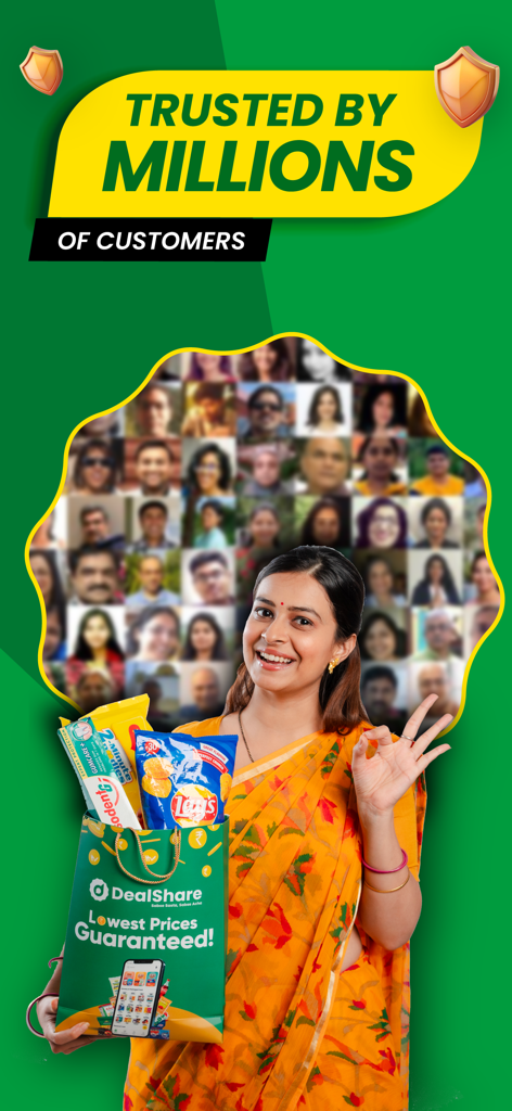 A smiling woman in a saree holding a DealShare grocery bag with a collage of customer faces in the background.