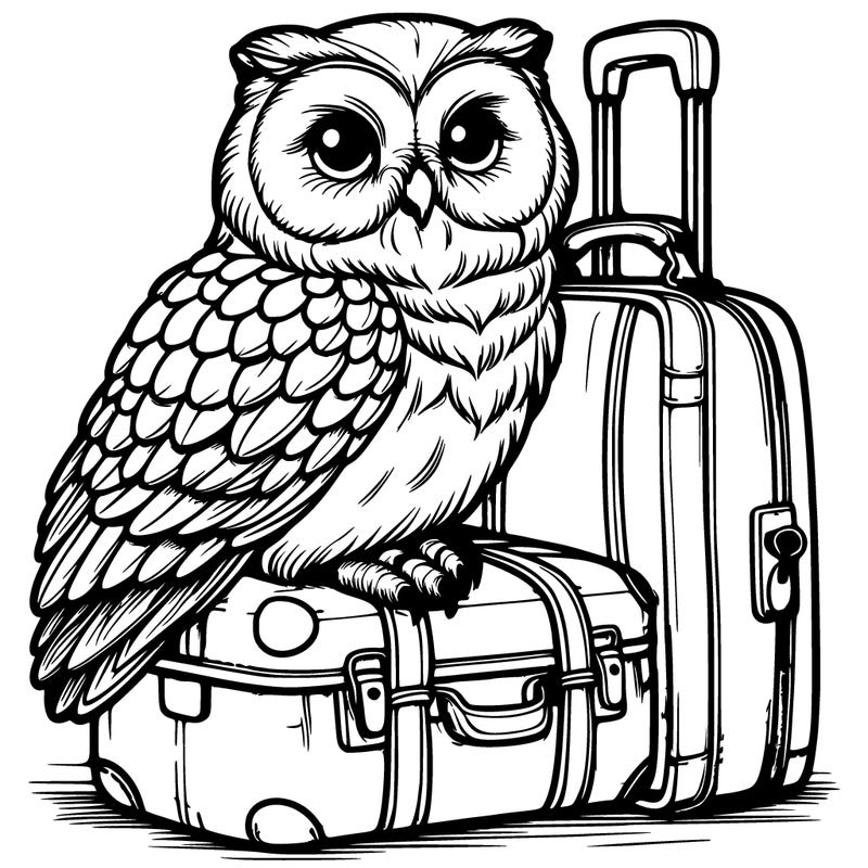 realistic owl sitting on luggage