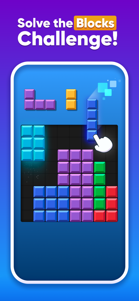 Blocky Quest - Classic Blocks - A mobile game screen showing colorful blocks being placed on a grid with the text Solve the Blocks Challenge