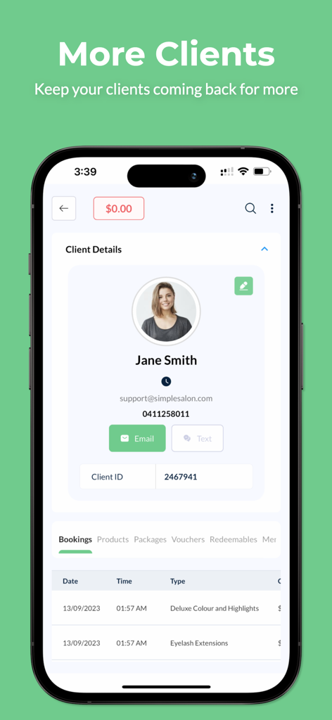 Simple Salon - A screenshot of the Simple Salon app displaying a client profile for Jane Smith with her booking history and contact details