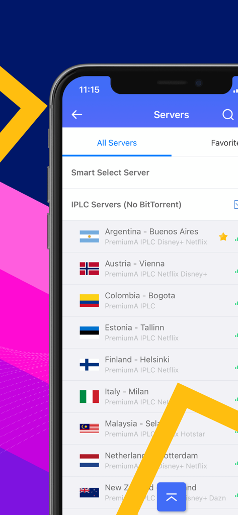PlexVPN - Best Unlimited Proxy - Screenshot of the PlexVPN app server list showing multiple international locations for streaming and secure browsing.
