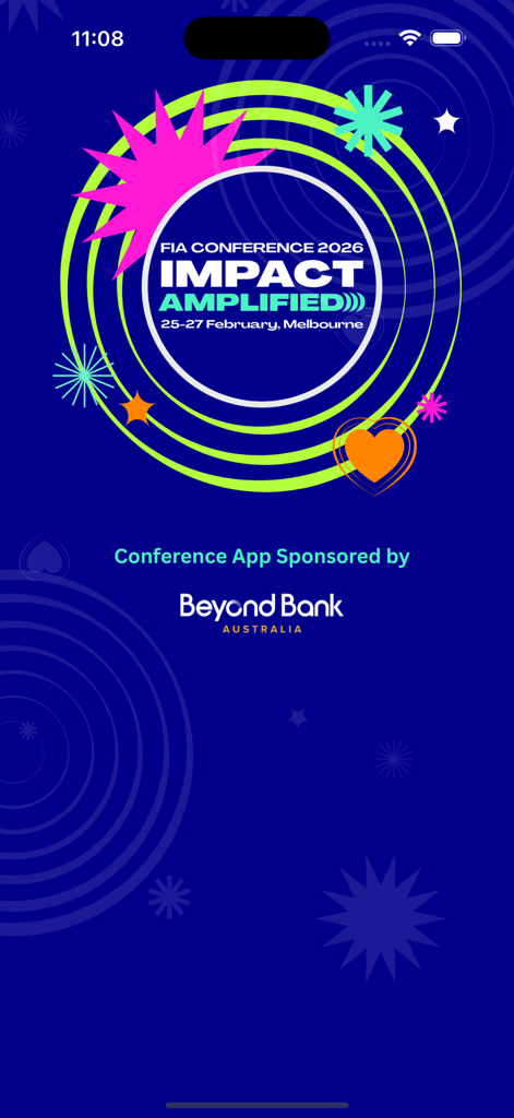 The splash screen of the FIA Conference 2026 mobile app featuring the Impact Amplified logo and Beyond Bank sponsorship.