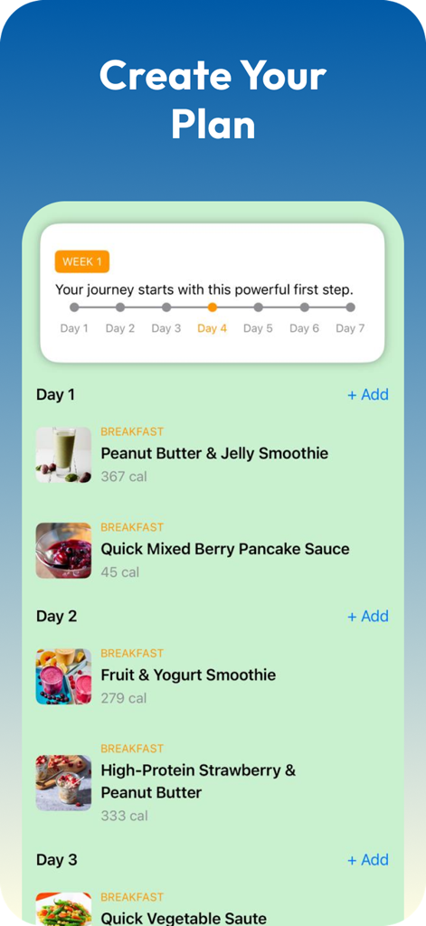 AI Health Tracker - The Create Your Plan screen of the AI Health Tracker app displaying a weekly diet schedule with daily meal suggestions and calorie counts.