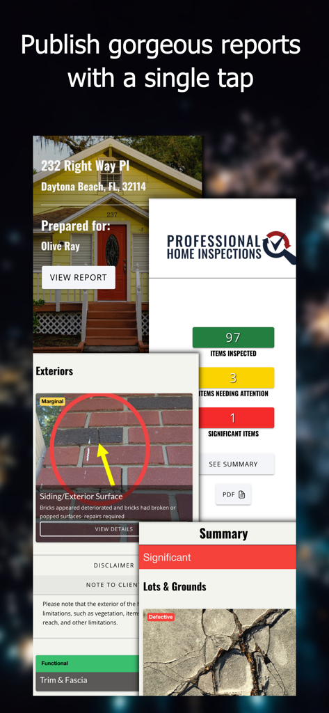 Professional home inspection report summary and photo annotations for exterior defects