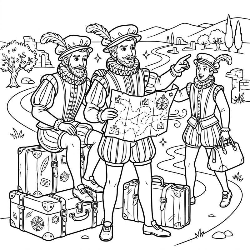 Step back in time and join these distinguished Renaissance poets as they embark on an exciting vacation! This charming coloring page is packed with adventure and historical flair, perfect for a creative escape.