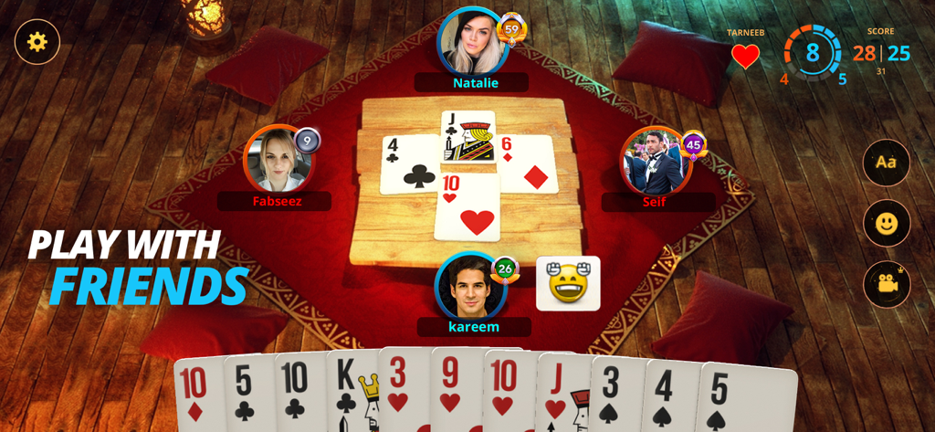 Tarneeb Masters - لعبة طرنيب - Multiplayer Tarneeb Masters gameplay screen featuring players at a virtual table with the text Play with Friends.