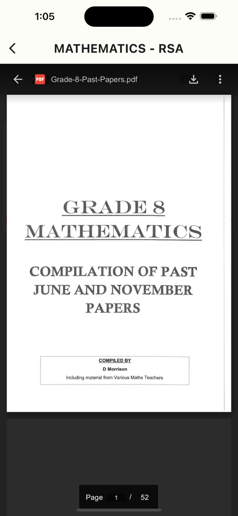 Grade 8 Exam Papers - Cover page of a Grade 8 Mathematics compilation of past June and November exam papers within the mobile app.