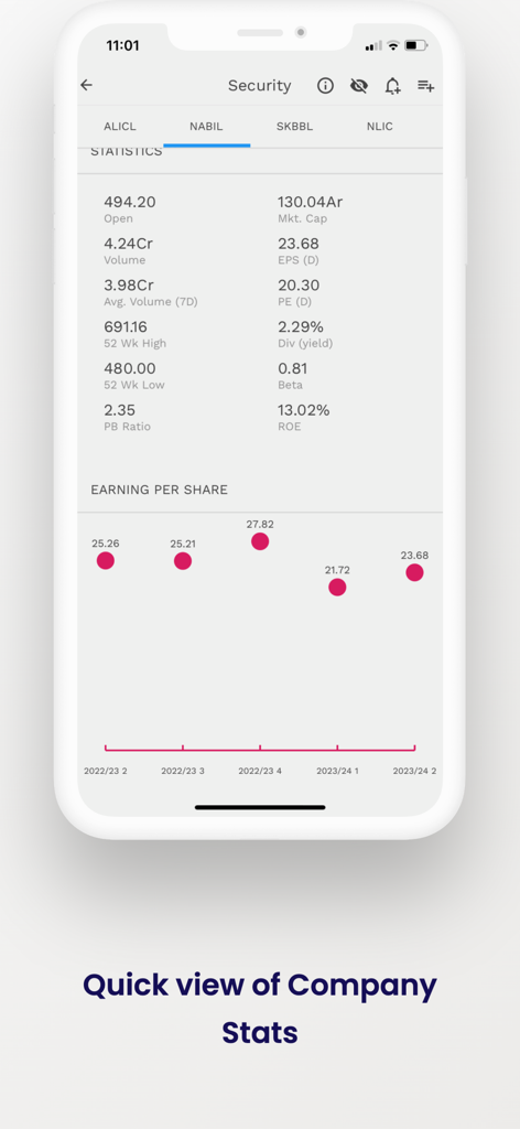 npstocks, Your NEPSE Assistant - A mobile screen showing company financial statistics and an earning per share chart for the Nepal Stock Exchange.