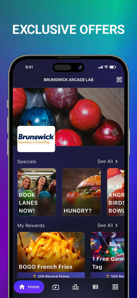 OpenLane. Eat. Bowl. Earn. - OpenLane app interface displaying exclusive offers for bowling and food rewards