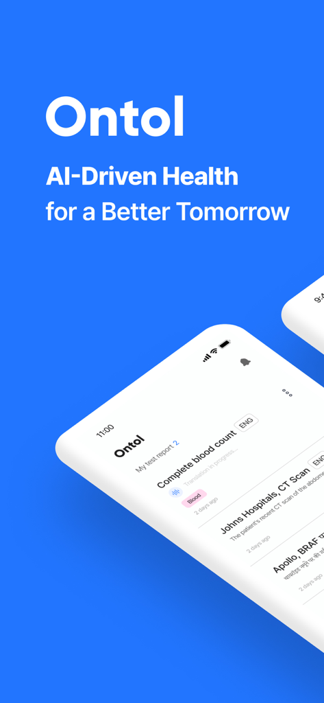 Ontol - Ontol app interface showing AI driven medical report summaries for blood tests and CT scans