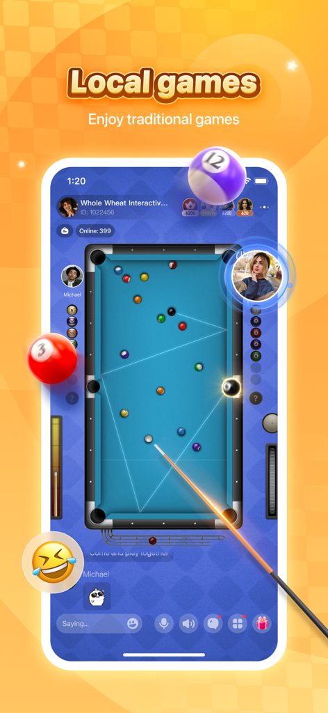 Billiards game screen in the FunUp app featuring a blue pool table and player avatars