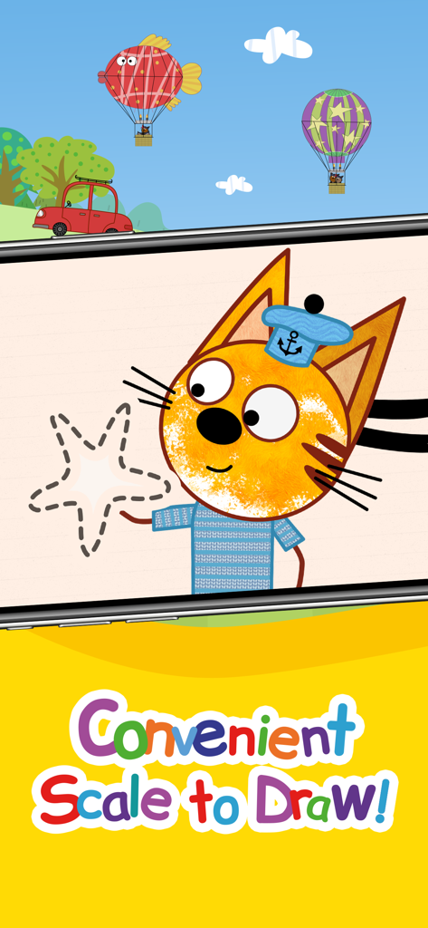 Kid-E-Cats: Draw & Color Games - A child tracing a starfish outline next to Pudding the cat in the Kid-E-Cats drawing app