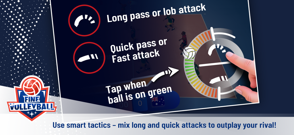 Fine Volleyball - Fine Volleyball gameplay showing long and quick attack options with a timing wheel control.
