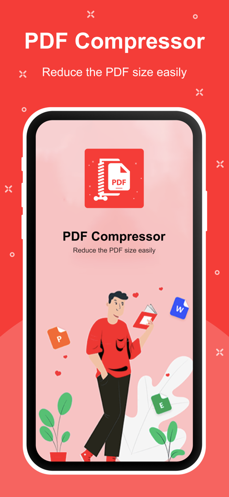 PDFコンプレッサーアプリのインターフェース。人が様々なドキュメントを管理しているイラストと共に、「PDFサイズを簡単に縮小」というスローガンが表示されています。