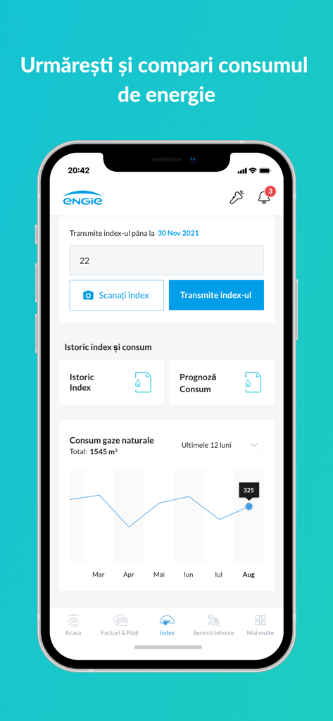 MyENGIE - MyENGIE app interface showing natural gas consumption chart and meter index scanning options.