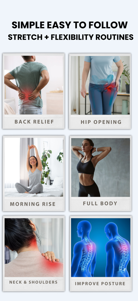 Stretchly - Stretch At Home - Uma exibição de várias rotinas de alongamento no aplicativo Stretchly, incluindo alívio das costas, abertura do quadril, despertar matinal, corpo inteiro, pescoço e ombros e melhora da postura.