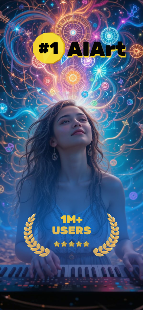 Flux Kontext-AI Art Generator - Flux Kontext AI Art Generatorアプリ画面に、カラフルな宇宙エネルギーパターンの下でキーボードを弾く女性が表示されている