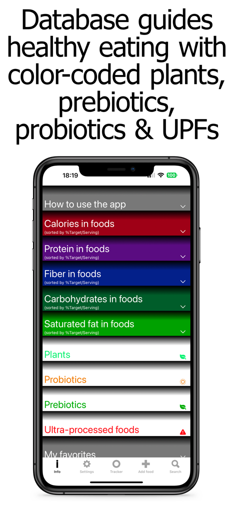 Macro Counter and Tracker - Interfaz de la aplicación móvil que muestra categorías codificadas por colores para rastrear calorías, proteínas, fibra, plantas, probióticos y alimentos ultraprocesados.