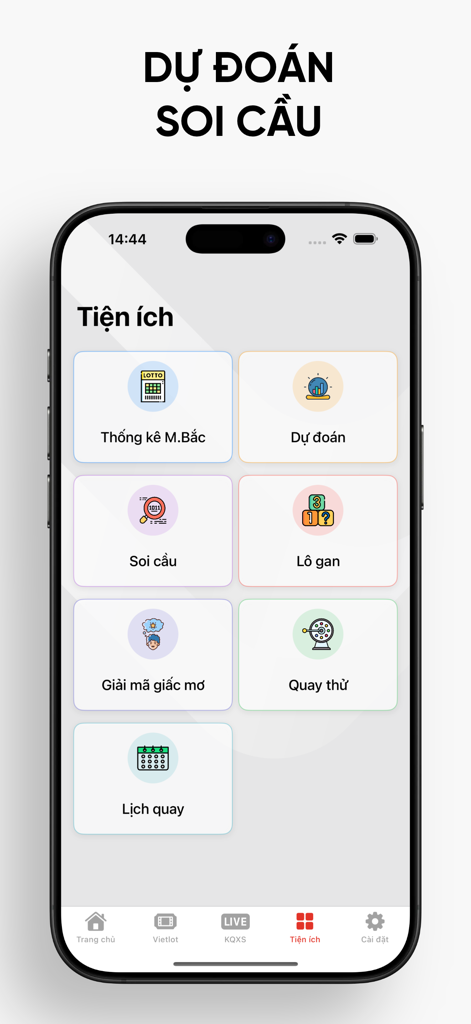 Xổ Số Live - Xo So Live app interface showing lottery utility tools including statistics and prediction features